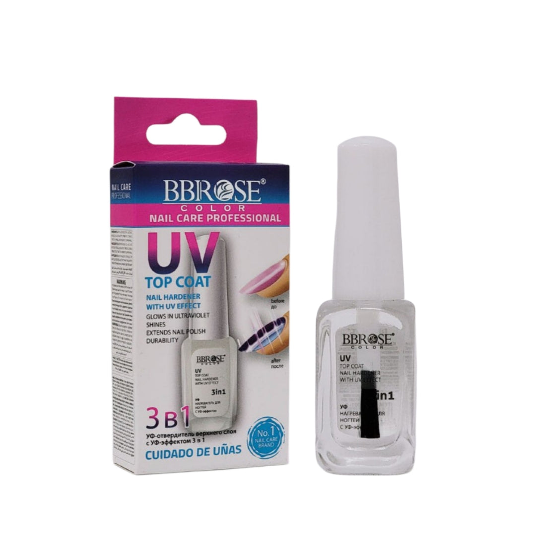 3-IN-1 NAIL POLISH, NAIL HARDENING TOP COAT WITH UV EFFECT, PROLONGED SHINE AND BETTER POLISH AND COLOR DURABILITY BBROSE 14ML