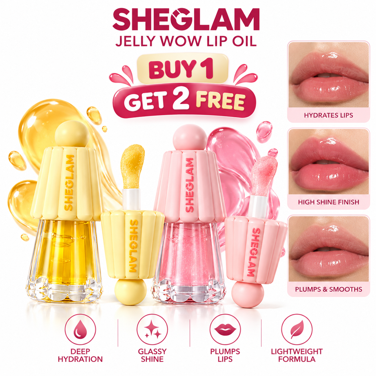 Buy 1 Get 2 Free SHEGLAM Jelly Wow Lip Oil – " 3pieces"